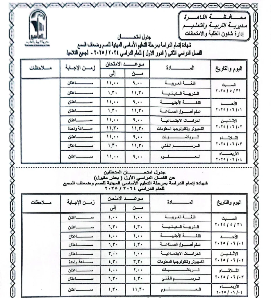 جدول امتحانات الترم الثاني 2025 بالقاهرة مواعيد امتحانات الترم الثاني لجميع الصفوف الدراسية مواعيد امتحانات الفصل الدراسي الثاني امتحان